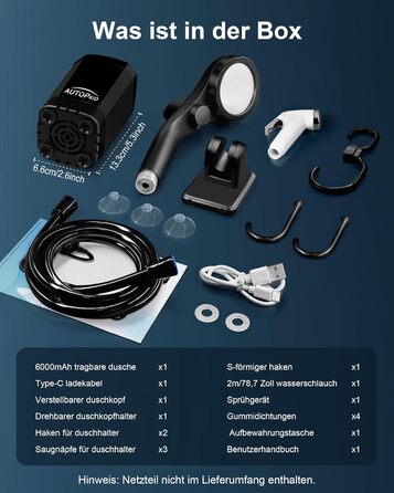 AUTOPkio Camping Shower with Pump, Upgraded Camping Shower 6000mAh Rechargeable Pump, Smart Digital Display for Camp, Outdoor, Pet, Emergency (Black)