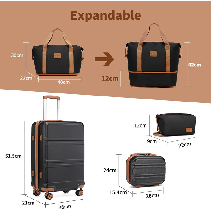 Набір валіз KONO 4 в 1: велика валіза, ручна валіза 55 см, косметичка та сумка для подорожей (чорний/коричневий)