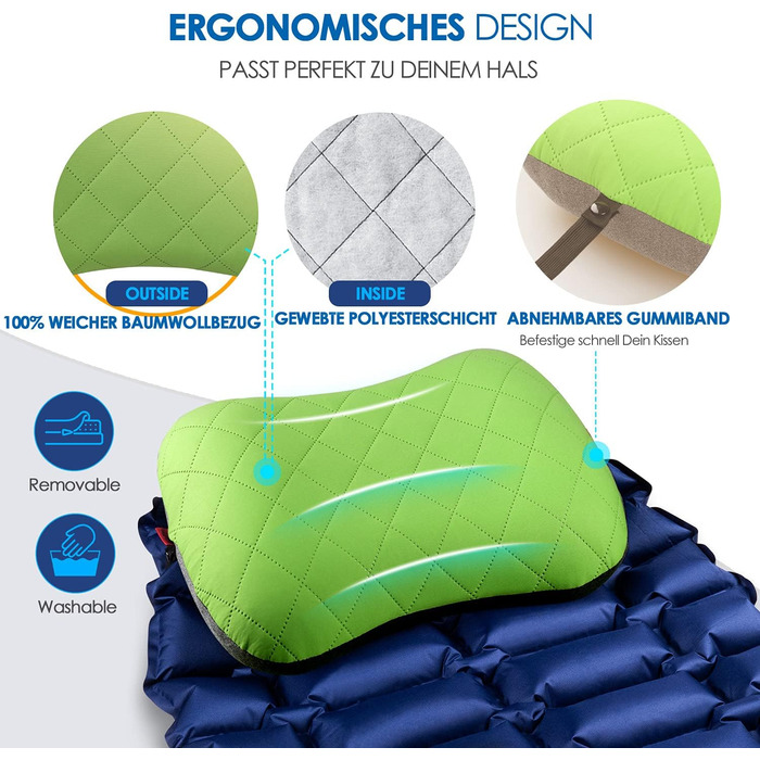 Надувне туристичне/дорожнє подушечка HIKENTURE з знімним чохлом, ергономічна, комфортна підтримка шиї для подорожей та відпочинку на природі (зелений)