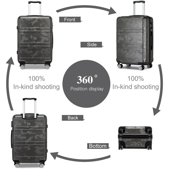 Чемодан-валіза KONO з ABS+PC: міцний, з TSA-замком та 4 колесами, 52 см, сірий/камуфляж