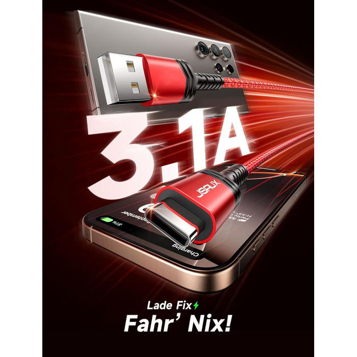 Кабель USB-C JSAUX 3.1A (2 шт. по 2м), 2 шт., червоний, для Samsung Galaxy, iPhone, PS5, CarPlay, нейлон, швидка зарядка