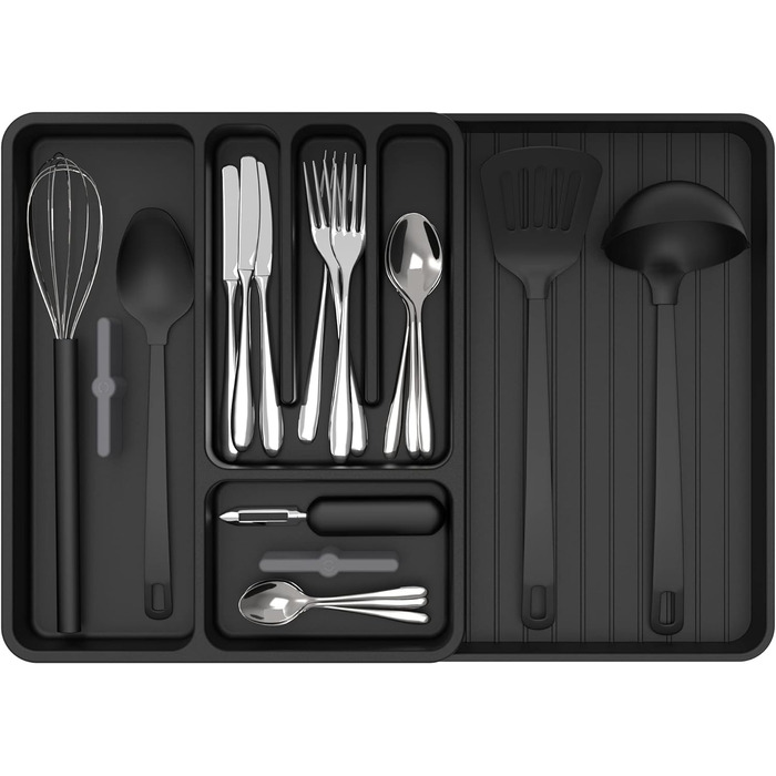 MR.SIGA Expandable Cutlery Box for Drawers, Utensil Holder Kitchen, Adjustable Cutlery Organizer for Cutlery, Kitchen Gadgets and Cooking Accessories, Black
