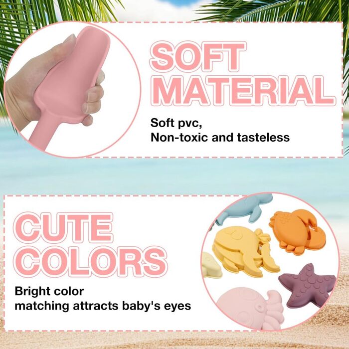 Silicone Sand Toy Set, 10-Piece Silicone Beach Toy Set, Beach Toys for Kids, with Bucket, Shovels, and 8 Sand Molds (Sea Creatures), for Boys and Girls