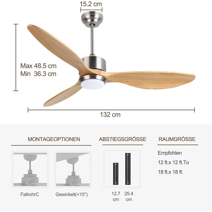Deckenventilлятор Ovlaim 132 см з освітленням та пультом керування, тихий DC мотор, 3 лопаті, для дому, вітальні, спальні, Burlywood/Silver