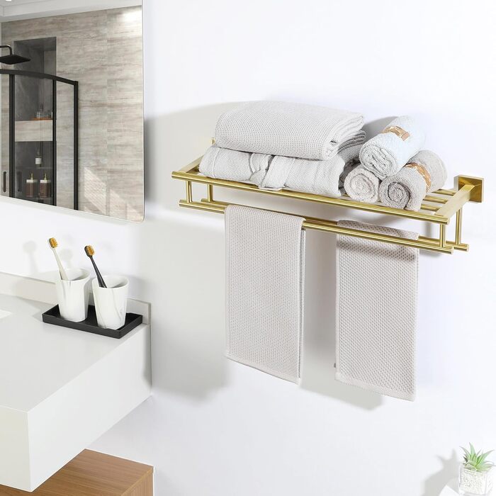 Тримач для рушників SAYAYO на стіну, з полицею, з нержавіючої сталі, 60 см (золотий)