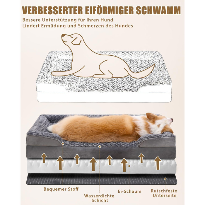 KSIIA Dog Bed for Medium-Sized Dogs, Orthopedic, Removable and Washable Base and Armrest Cover, Waterproof Inner Liner, Dog Sofa Dog Basket with Raised Edges, Non-Slip Bottom, Dog Couch Grey