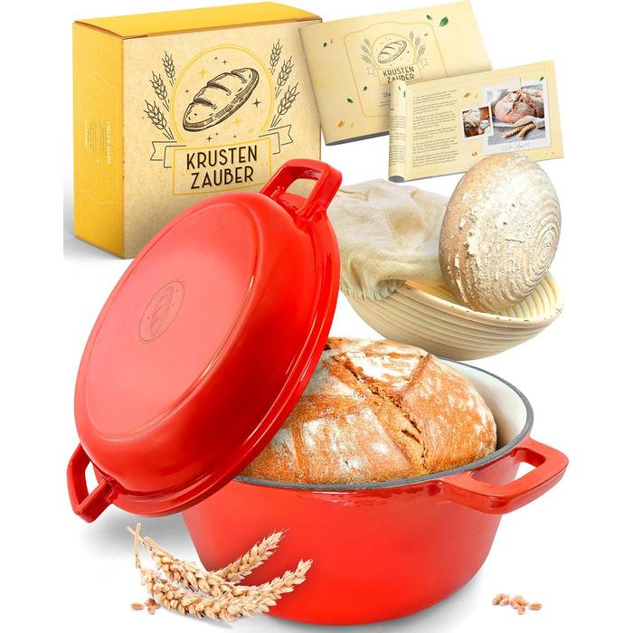 KRUSTENZAUBER Cast Iron Pot for Bread Baking [incl. Proofing Basket] - High-Quality Enamel Pot 26cm - Ideal cast iron pot for baking bread, cast iron pot for bread baking, bread baking accessories…