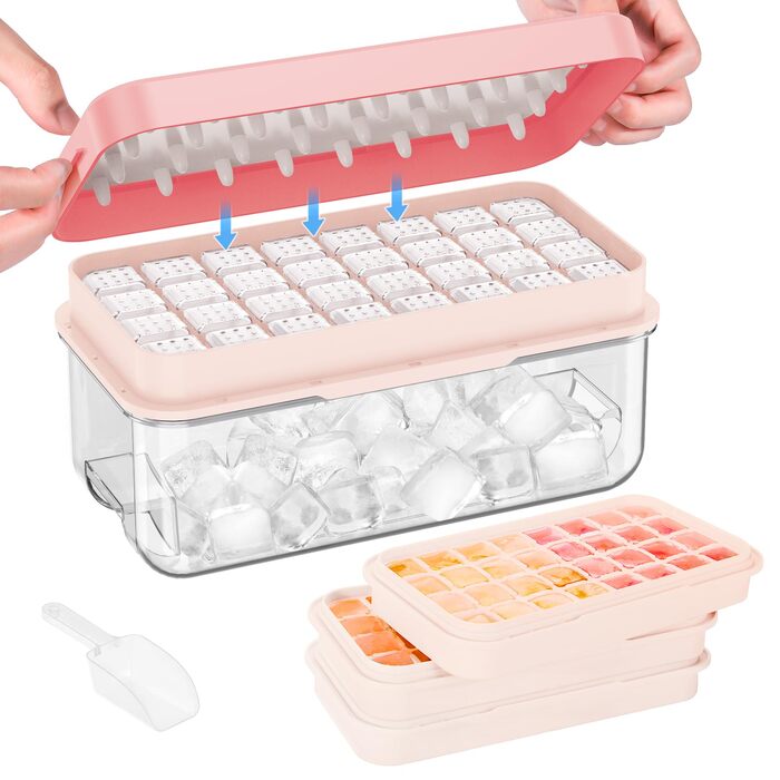 Форма для льоду PHINOX на 64 кубики з контейнером, кришкою та лопаткою, BPA-free, рожева