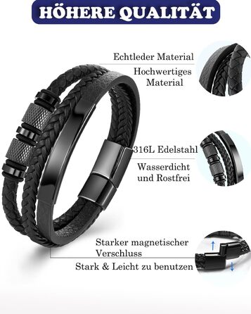 Чоловічий браслет на руці - шкіряний браслет з нержавіючою сталевою магнітною застібкою - плетений шкіряний браслет - браслети для чоловіків як подарунок на день народження, День святого Валентина, Різдво або День батька Чорний 21см