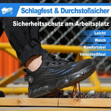 Черевики робочі чоловічі S3 з пружинним закриттям - Легкі робочі черевики жіночі з металевим підноском, неслизькі, спортивні кросівки для роботи та повсякденного використання 44 EU A881, блакитні