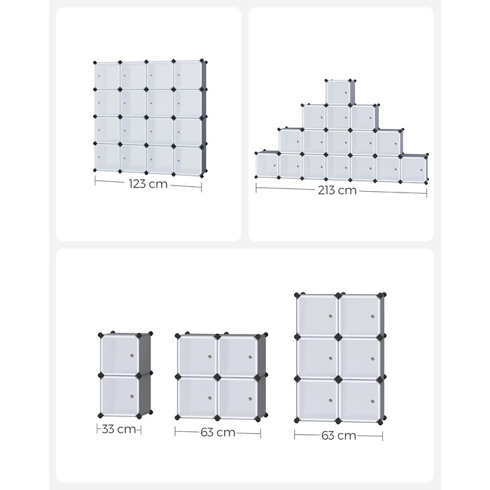 SONGMICS Regal System, Shoe Rack, Set of 16 Cubes, Plastic Wardrobe, with Doors, Plug-in Shelf, Storage for Clothes, Shoes and Books, Easy Assembly, Grey LPC443G01