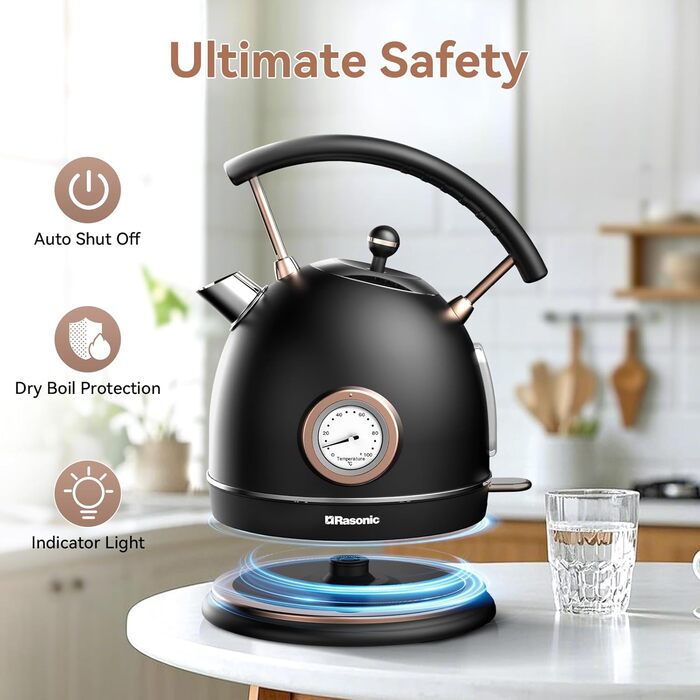 Електричний чайник Tro 1.8 л, нержавіюча сталь, 3 кВт, швидке кип'ятіння, регулятор температури, LED-підсвітка, автовимкнення, для дому, кухні, офісу, розкішного готелю (матова чорна та рожева золота)