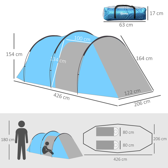 Outsunny Tunnel Tent for 2-3 People 190T Camping Tent with Stakes, Fiberglass & Polyester, Light Blue, 426x206x154cm | Aosom