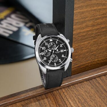 Годинник чоловічий SAPPHERO кварцові з шкіряним ремінцем. Класичний бізнес-годинник для чоловіків, водонепроникність 50 метрів, арабські цифри, хронограф (срібно-чорний)