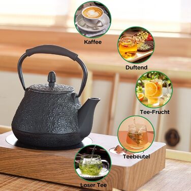Cast Iron Teapot, 950ml Japanese Cherry Blossom Pattern Teakettle, Stovetop Safe, Infuser for Loose Tea & Coffee, Silicone Handle, Enamelled Interior, 32oz Blue (Black)