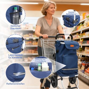 Тролей для покупок Sekey 60L, 3-в-1, складна, з алюмінію, регульована ручка, з відділенням для їжі та напоїв, великий, для покупок та кемпінгу (Блакитний)