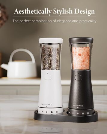 Salt and Pepper Grinder Electric 2-Piece Set with USB Rechargeable, Improved 4.5oz Large Capacity Spice Grinder Electric, Adjustable Coarseness with LED Light, Ideal for the Kitchen (Black/White)