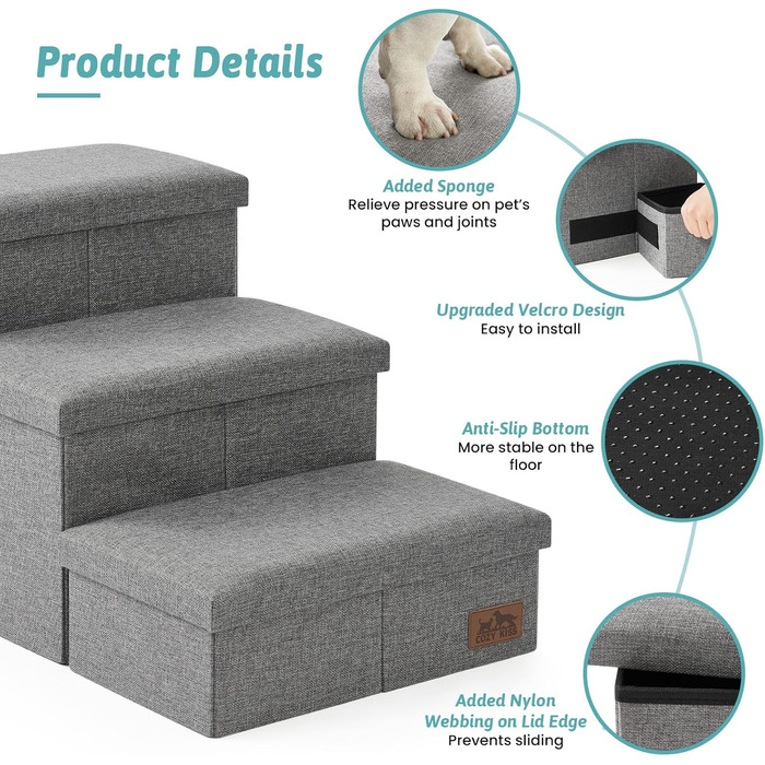 Сходинки для собак маленьких порід зі зберіганням, широкі, складні для ліжка та дивану, з неслизьким покриттям, вологостійкі (сірий, 43x72x42.5см, 3) сірий 3 43x72x42.5см