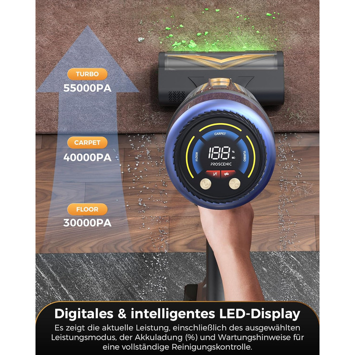 Бездротовий пилосос Proscenic P15: 70 хв роботи, 55KPa, 600W, сенсорний екран, 6-шарова фільтрація, для дому, килимів, твердих поверхонь, шерсті тварин, авто