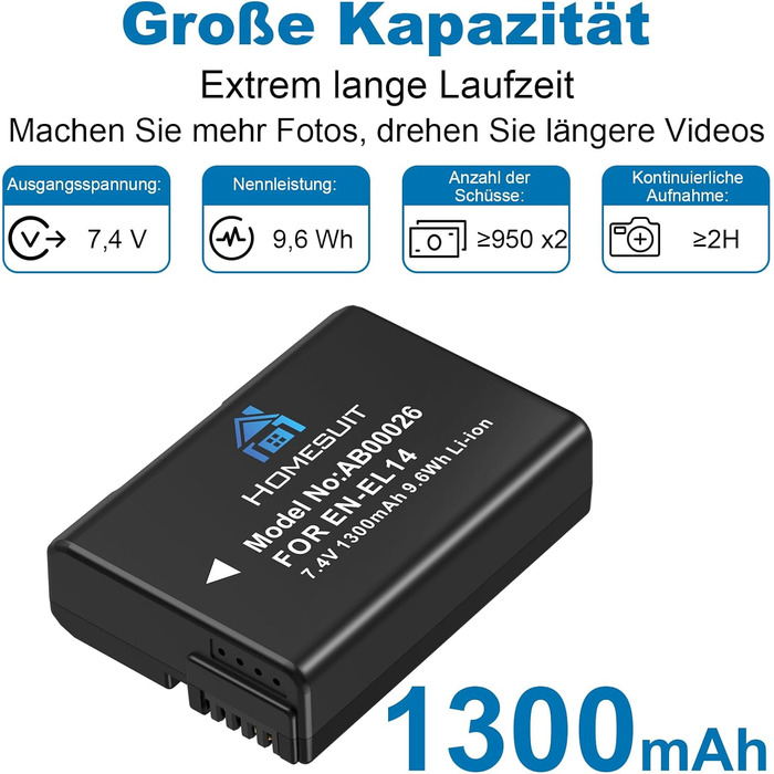 Акумулятор EN-EL14 1300mAh Homesuit + LED зарядний пристрій для Nikon D3100, D3200, D3300, D3500, D5100, D5200, D5300, D5500, D5600, Coolpix P7000, P7100, P7200, P7700, P7800 (2 шт.)