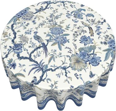 Кругла скатертина Giwawa Chinoiserie 152 см, синьо-біла, з квітами та птахами, порцеляновий орнамент, східний стиль, термостійка, багаторазова, для кухні та їдальні