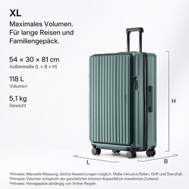 Чемодан розкладний хардлайнер з верхньою відкривачкою, компресійним ременем та додатковим простором | Зносостійкий, еластичний, стійкий до подряпин, легкий (XL, 80 см, темно-зелений)