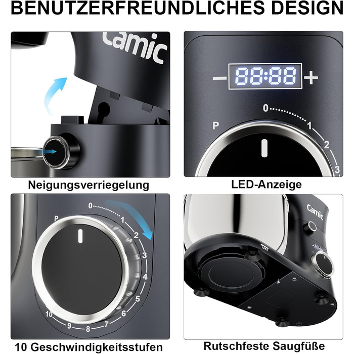 Кухонна машина Camic з LED-дисплеєм, 10 швидкостей, 3 насадками (діядовий, міксер, вінчик) та 2 чашами з нержавіючої сталі 4Л та 5Л для тіста, хліба та тортів, сіра