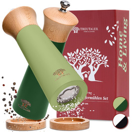Plastic-Free Salt and Pepper Grinder Set with Coaster | Spice Grinder Set Made of Solid Wood with Stepless Stainless Steel Mechanism and Ceramic Grinder | Green