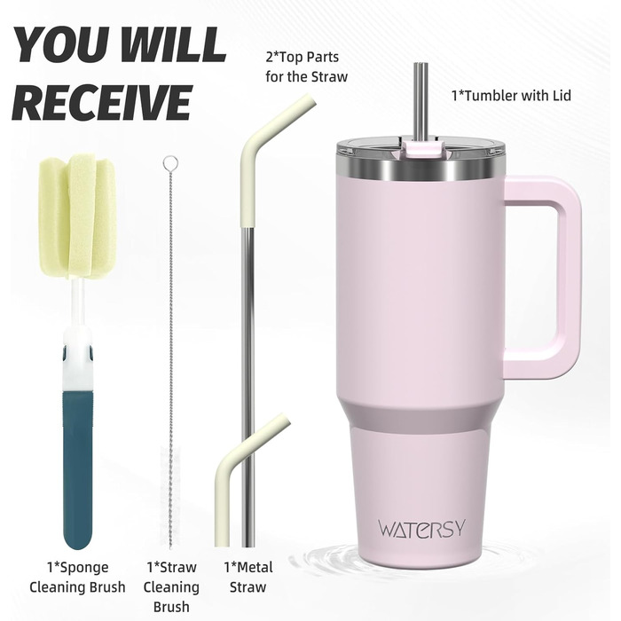 Термокружка WATERSY 40oz з нержавіючої сталі, 591 мл, з подвійними стінками, з ручкою та трубочкою, для гарячих та холодних напоїв (колір: рожевий)