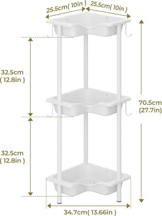 Підставка для душу OriwarE без свердління, кутова, 3 яруси, з гачками, нержавіюча сталь, пластик, білий