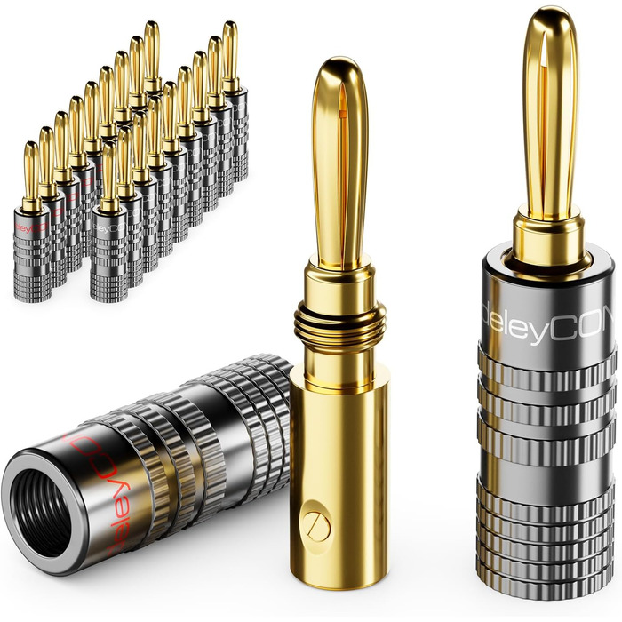 Набір бананових конекторів DeleyCON 8 шт. позолочені, для акустичних/динамічних кабелів, 0.75-4.5 мм, Hi-Fi аудіо, домашній кінотеатр, сірий