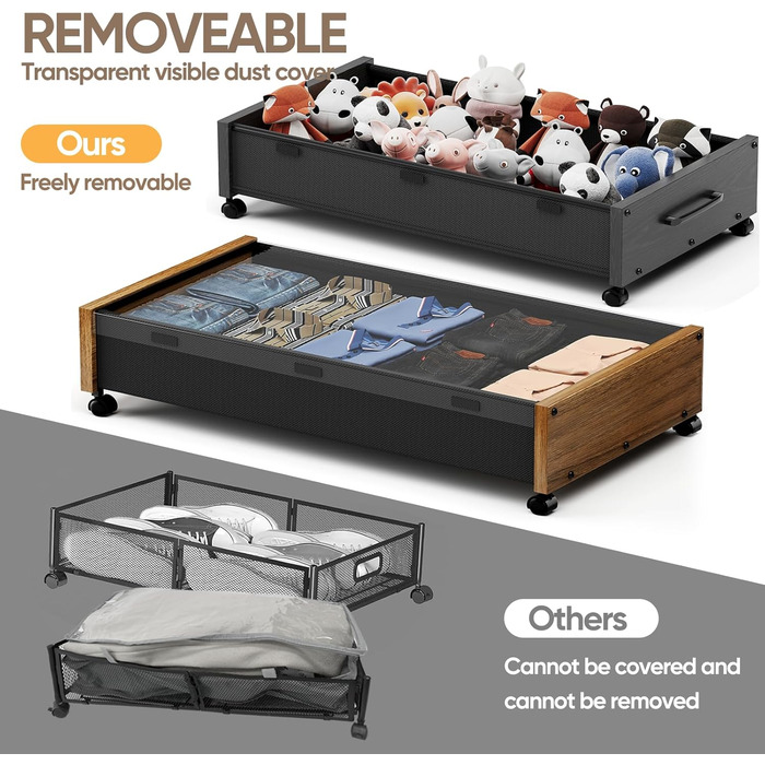 Комод під ліжко на колесах, 2 шт, дерев'яні контейнери для зберігання, великий розмір, органайзер під ліжко, ящики з прозорою кришкою, міцний для одягу, Коричневий горіх