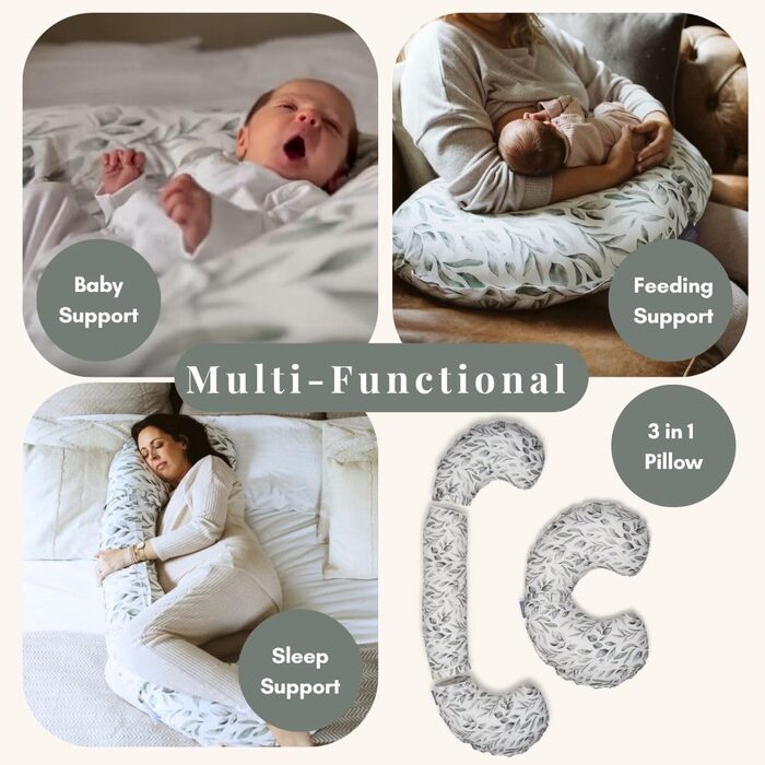 Подушка для вагітних BellaMoon 3-в-1: підтримка всього тіла, C-подібна форма для сну, годування та ліжка для малюка, знімний бавовняний чохол (Waterleaves)