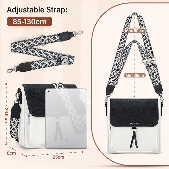 Сумка жіноча RAINSMORE середнього розміру через плече, шкірзам PU, чорно-біла з широким ременем