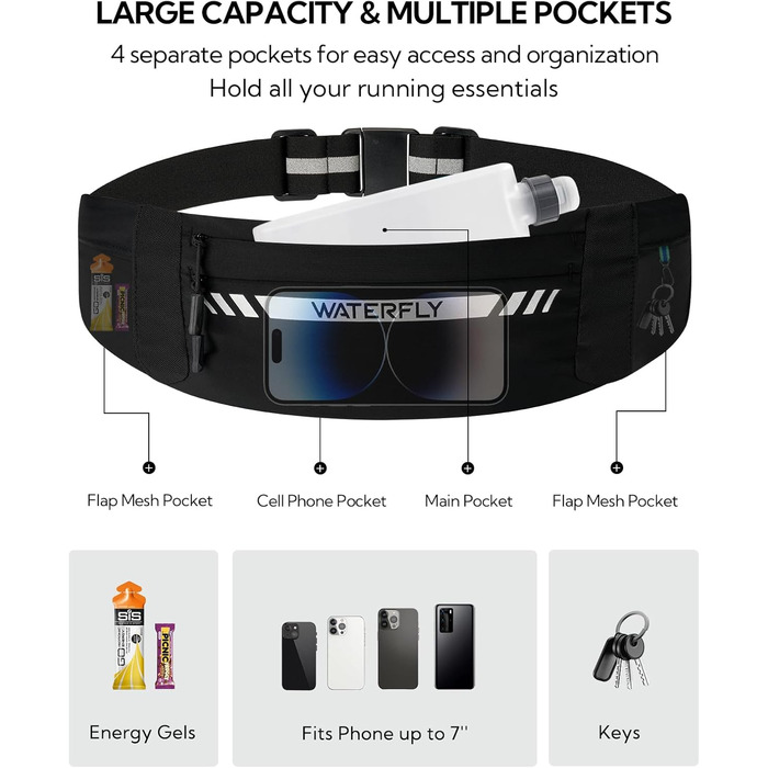 Поясна сумка для бігу Waterfly: поясна сумка для бігу, тренувань, фітнесу з 4 кишенями для телефону, чоловіча та жіноча