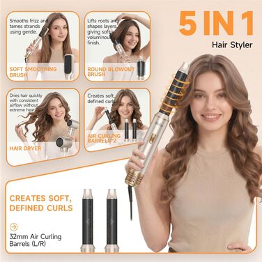 Мультистайлер для волосся 6 в 1 UKLISS Air Styler Set: фен-щітка, диффузор, плойка та вирівнювач, 1000 Вт, LCD-дисплей, Срібно-золотий