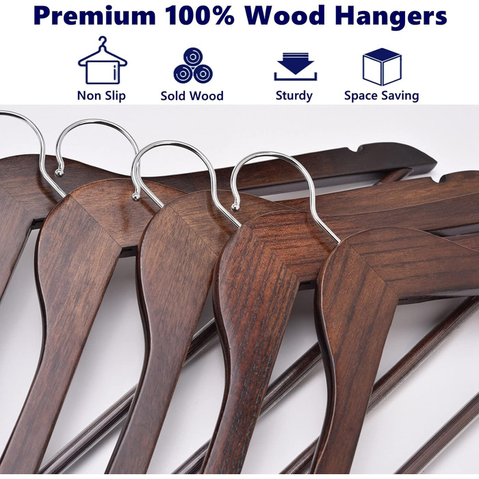 Дерев'яні вішалки для одягу Amber Home, 20 шт., масивне дерево, гладке ретро-покриття, антиковзаюча перекладина для штанів, обертовий 360° гачок, прорізи для сорочок та жакетів