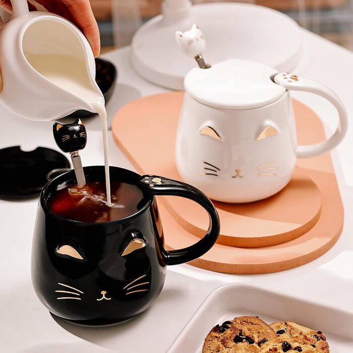Set of 3 Cat Cups - Cute Ceramic Cat Cups with Lid, Spoon, and Coaster. Cat Coffee Mug for Women, Kids, 380ml. Christmas, Birthday Cat Gift Mug (Black, White, Pink)