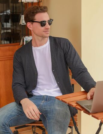 iClosa Кардиган чоловічий з V-подібним вирізом, легкий, в'язаний, з ґудзиками, темно-сірий, розмір L