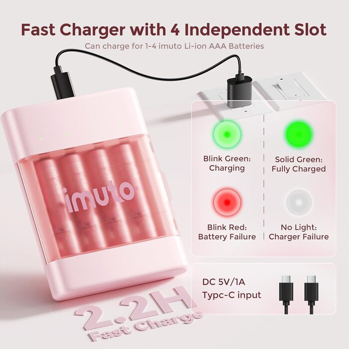 Імуто Акумулятори Li-Ion AA, 8 шт. з зарядним пристроєм, 2500 мWh, висока ємність, 1.5V, 1600+ циклів, низький саморозряд