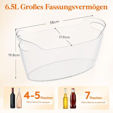 Охолоджувач для пляшок Lifewit 6,5L з лопаткою для льоду, пластиковий ведерко для шампанського (38 × 18 × 20cm), великий барний кулер з ручками для вина, пива, шампанського, напоїв, контейнер для фруктів та овочів