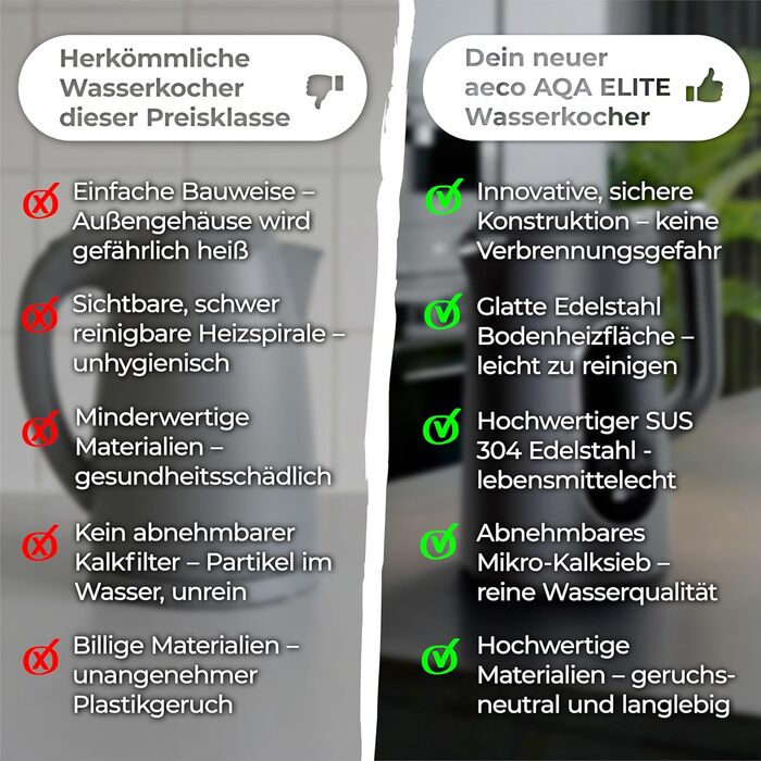 Електричний чайник Aeco AQA NEO з нержавіючої сталі, 1.7 л, 2150 Вт, без BPA, фільтр від накипу, бездротовий, CoolTouch, шампань срібло (Aqa Elite (чорний матовий))