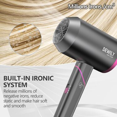 Складаний фен DEWILY Profi: потужний, тихий, для подорожей, 3 режими, 2 насадки (сірий)