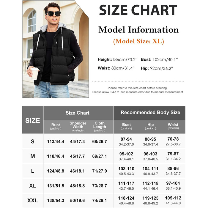 Чоловіча степкова жилетка Vancavoo на осінь/зиму з капюшоном, чорна, розмір M