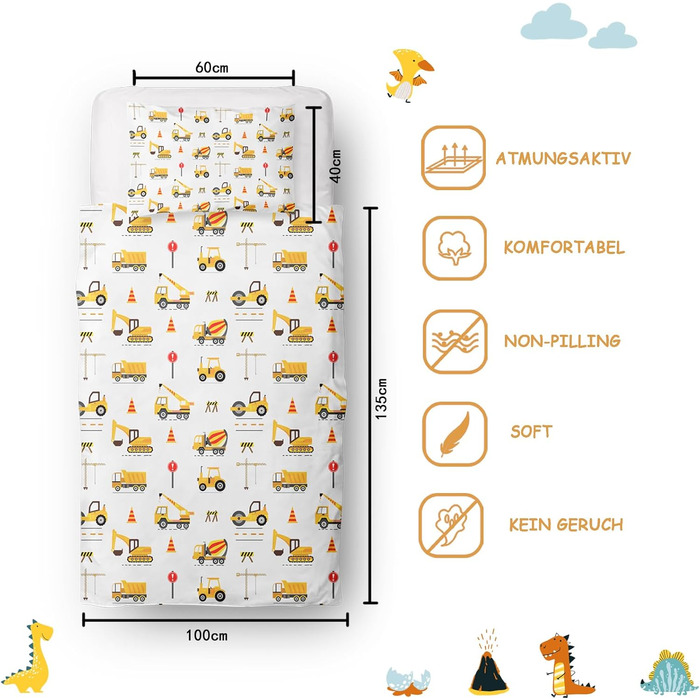 Комплект постільної білизни для дитячого ліжечка DJDEA 100x135 см - Динозаври, м'яка мікрофібра, 2 шт. (з наволочкою 40x60 см)