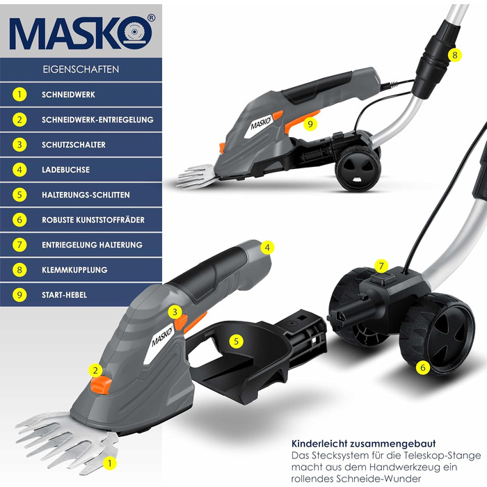 MASKO® Акумуляторні ножиці для трави та кущів 7,2V 2000мА·год, електричний садовий секатор, телескопічна ручка 90-130 см, колеса, зарядний пристрій, рукавички, ножі для трави і кущів