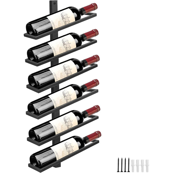 Wine Rack Bottle Rack for 6 Bottles, Metal Wine Rack Hanging Wall Mount Wine Bottle Shelves, Wall Shelf Wine Storage Shelf for Kitchen Dining Room Bar (6 Degree Tilt)