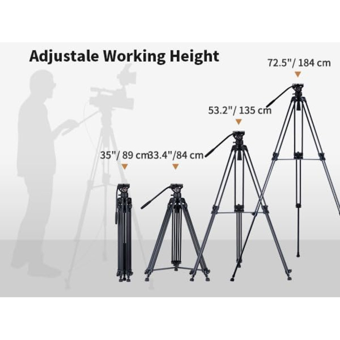 Штатив відео Cayer BV30L 72 дюйми - професійний штатив з алюмінію, рідинний упор K3, середній розвід, 6 кг, для DSLR/відеокамер + бонус Quick Release Plate