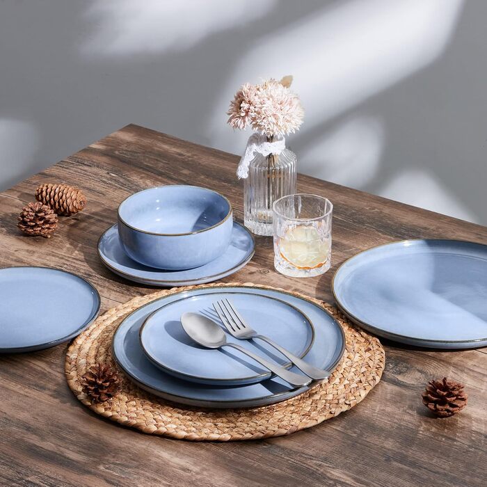 Набір посуду Joyfair на 6 осіб, 18 предметів: тарілки для їжі, десертні тарілки, миски для каші, з реактивною глазур'ю, для мікрохвильової печі та посудомийної машини (Ozean Blau)