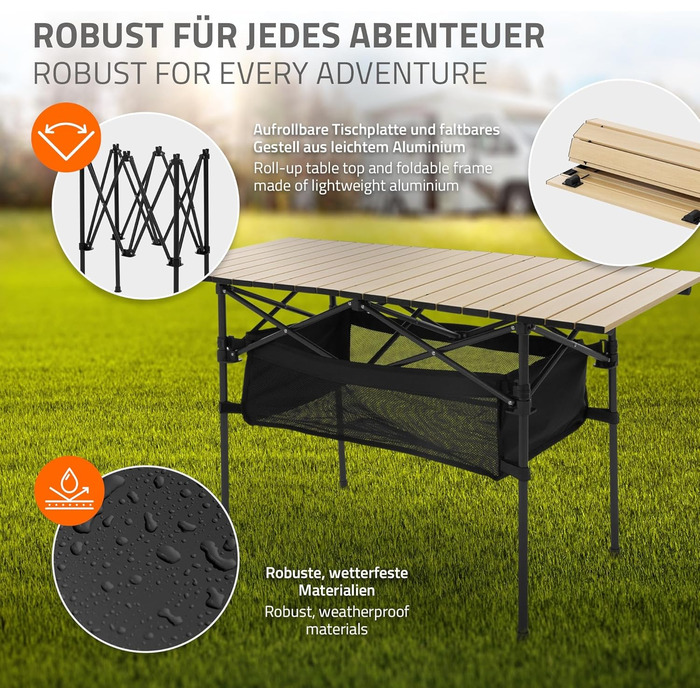 Стіл для кемпінгу Hauki, розкладний, коричневий, 118 x 55 x 64,5 см, алюмінієвий, з рулоючою стільницею, для відпочинку на природі, саду, балкону, подорожей, ринку, з сумкою (Бежевий (світле дерево))